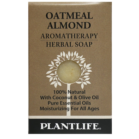 Plantlife Oatmeal Almond Aromatherapy Herbal Soap Bar with exfoliating oatmeal and sweet almond oil to soothe dry skin