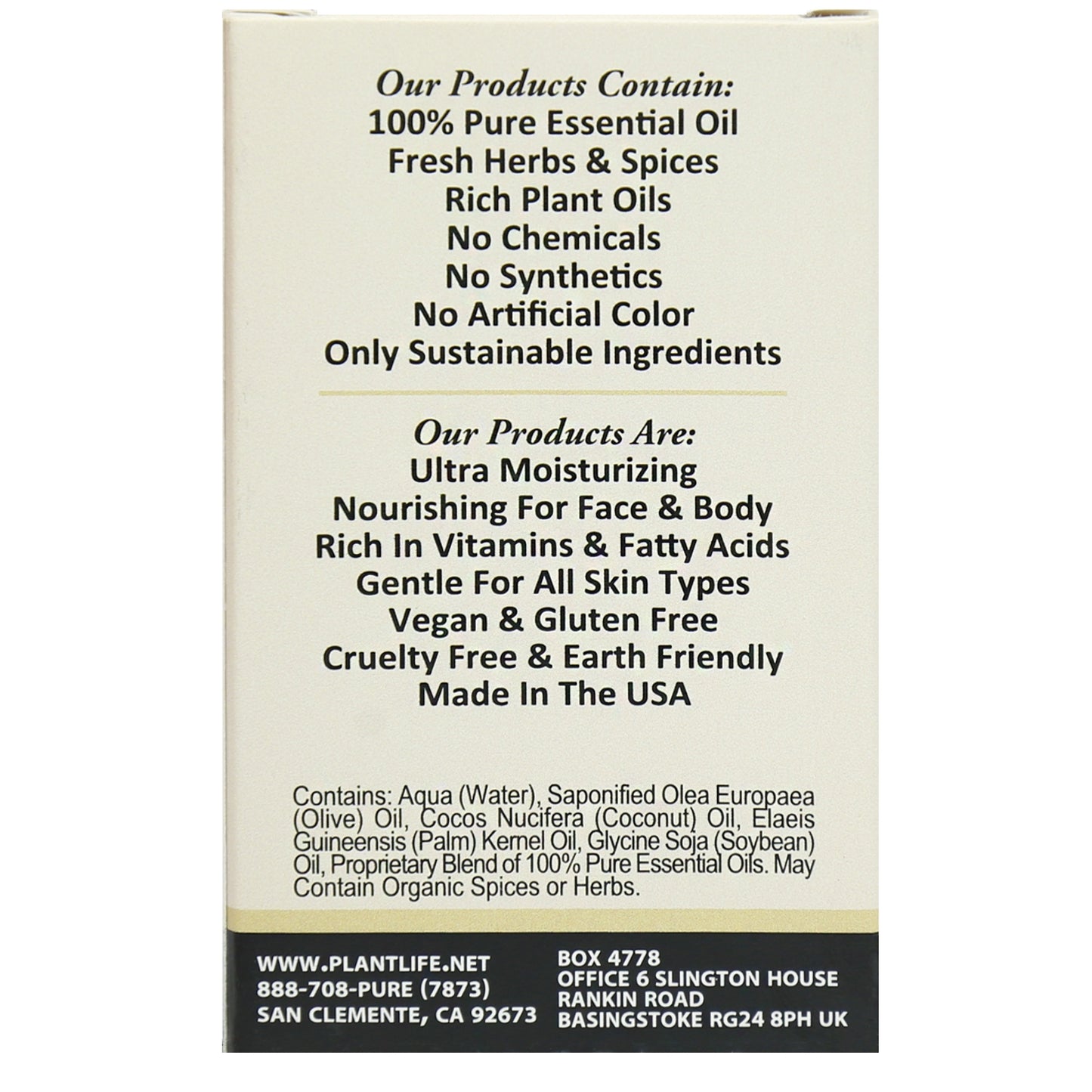 Back of Plantlife Patchouli Herbal Soap highlighting earthy essential oil blend and natural ingredients
