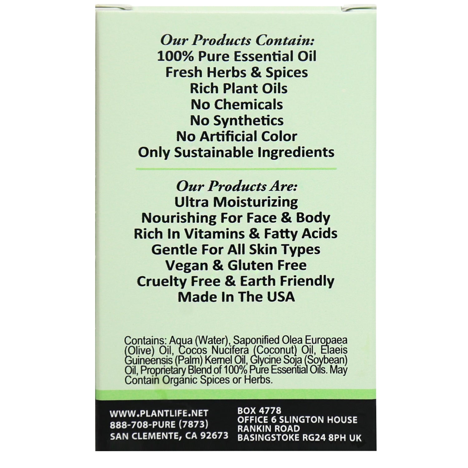 Back label of Plantlife Peppermint Herbal Soap with cooling essential oils and full ingredients list