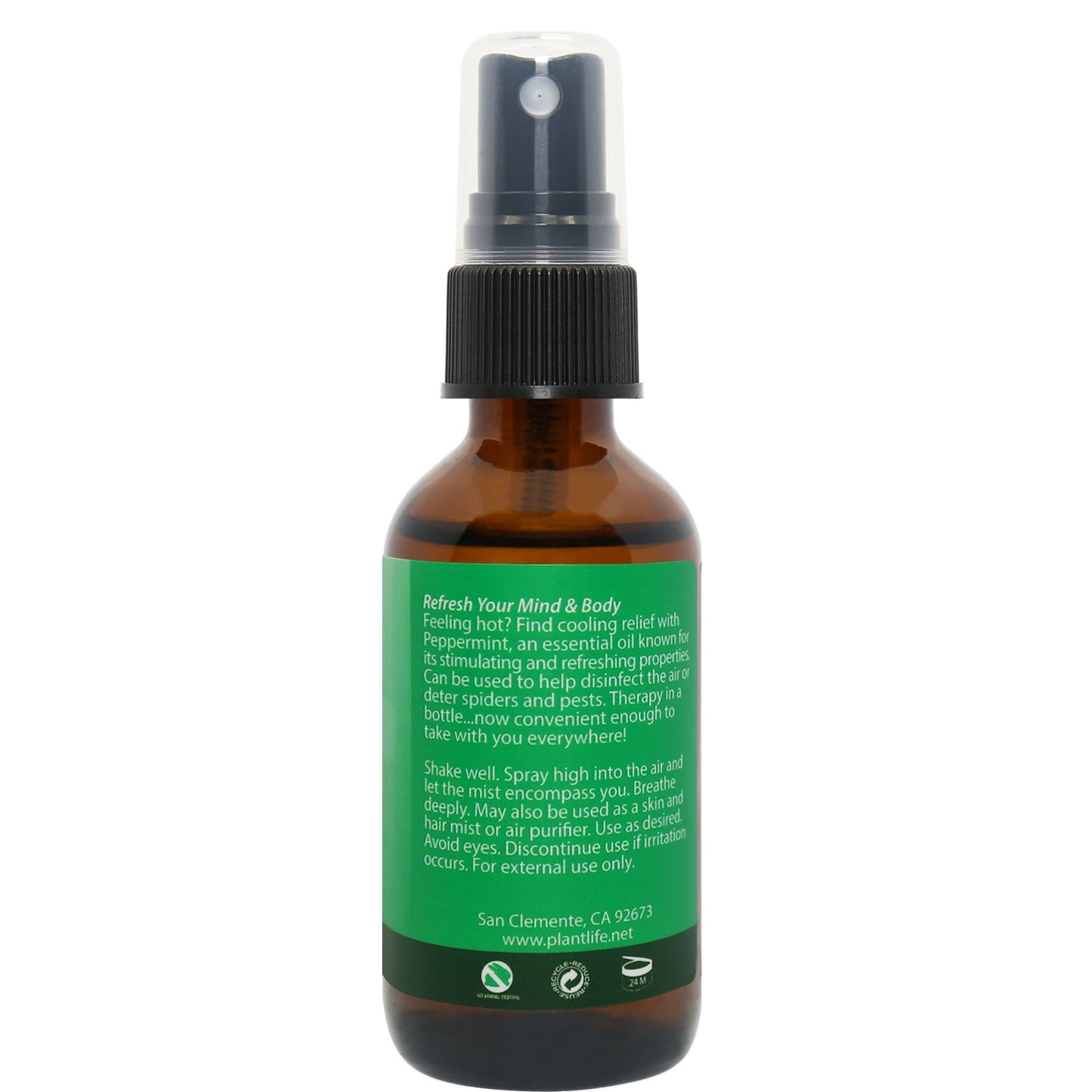 Peppermint Essential Oil Mist back label showing refreshing properties and ingredients