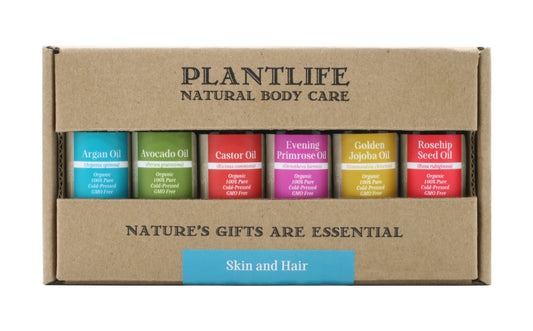 Plantlife Skin and Hair Carrier Oil Gift Set with six 10ml bottles: Argan, Avocado, Castor, Evening Primrose, Golden Jojoba, and Rosehip Seed oils in a kraft gift box.