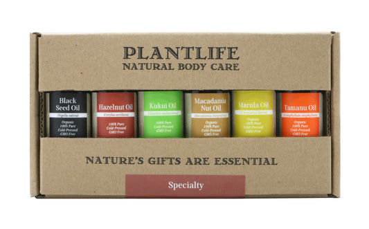 Plantlife Specialty Carrier Oil Gift Set featuring six 10ml bottles: Black Seed, Hazelnut, Kukui, Macadamia Nut, Marula, and Tamanu oils in a kraft box.