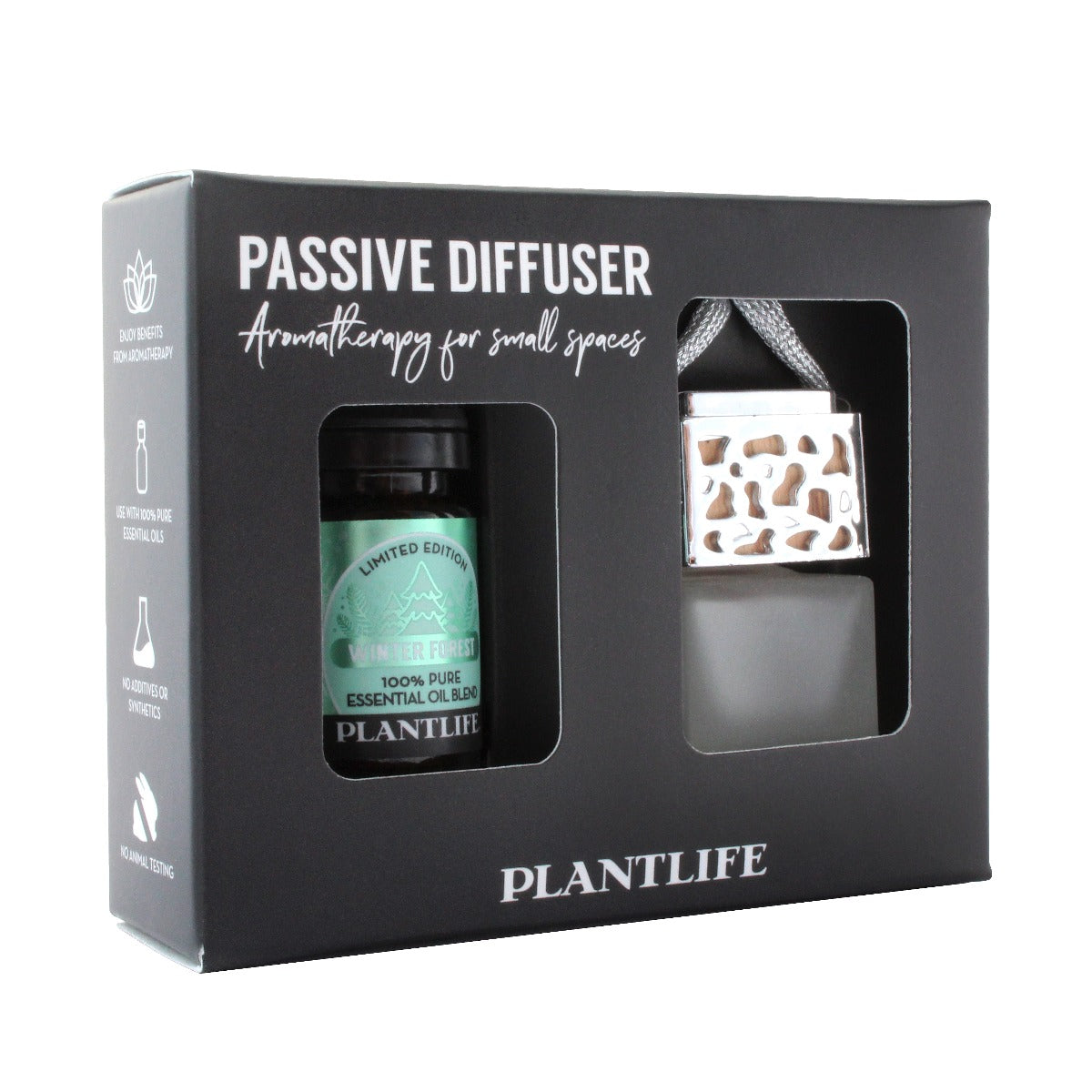 Plantlife Passive Diffuser Gift Set – includes Winter Forest Essential Oil and silver diffuser.