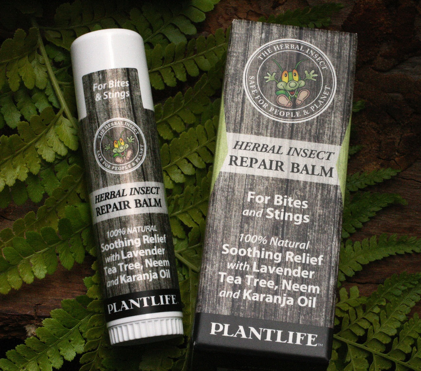 Plantlife Herbal Insect Repair Balm and box – natural anti-itch balm for bites and stings with lavender, tea tree, neem, and karanja oil.