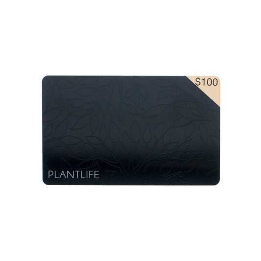 Plantlife $100 physical gift card with embossed leaf design on matte black background