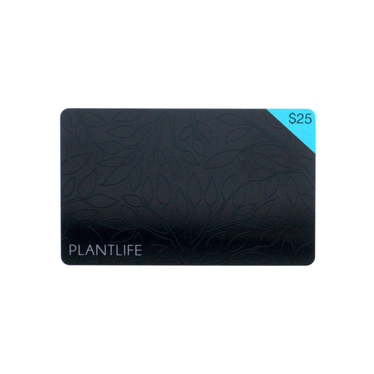 Plantlife $25 physical gift card with embossed leaf design on matte black background