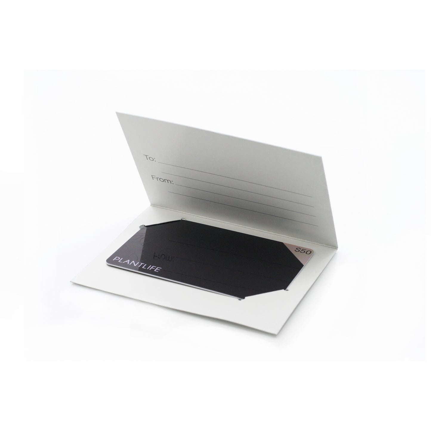Plantlife $50 physical gift card inside a folded white card holder with “To” and “From” lines for gifting