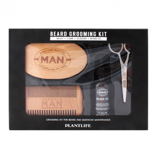 Plantlife Beard Grooming Kit with wooden brush, comb, beard oil, and scissors in black box packaging.