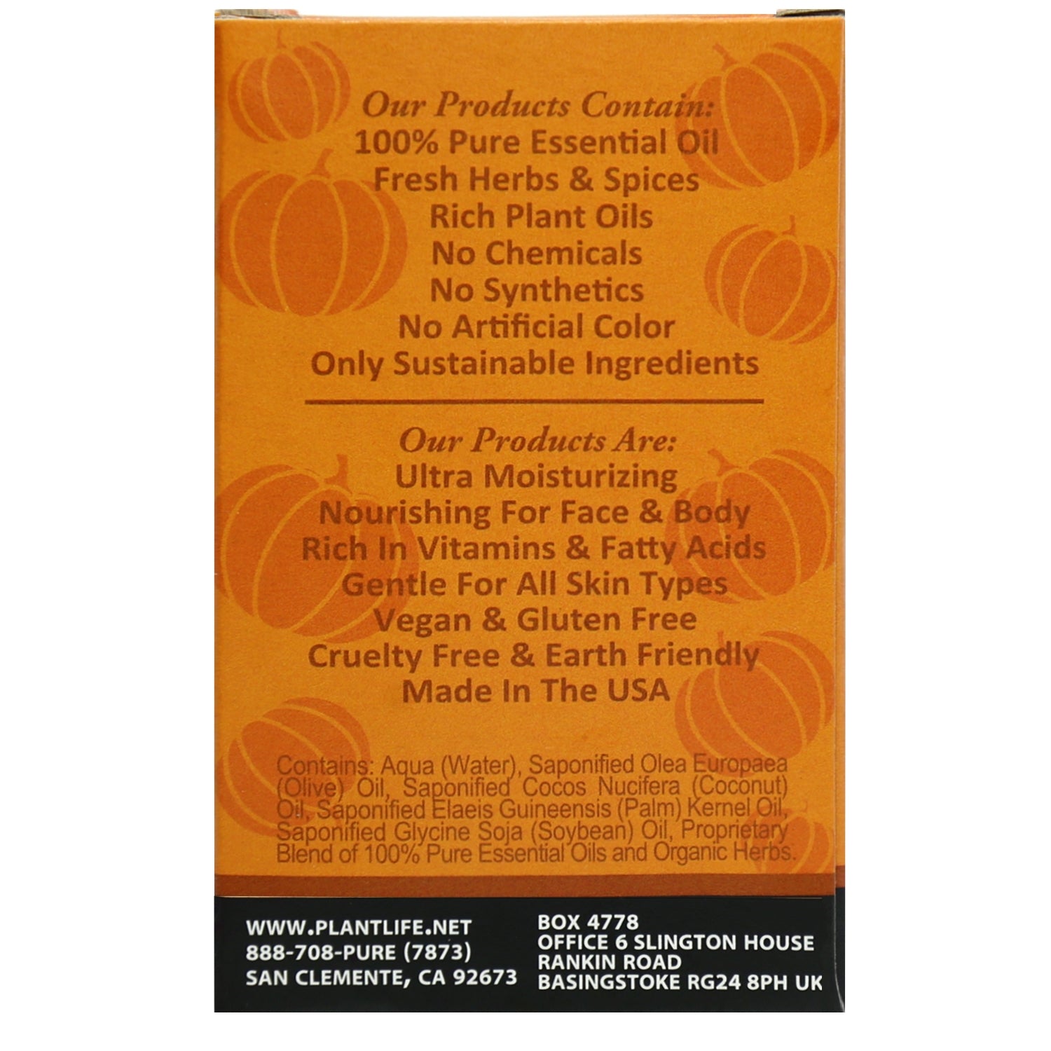 Back of Plantlife Pumpkin Spice Herbal Soap showing festive aroma ingredients and seasonal formula