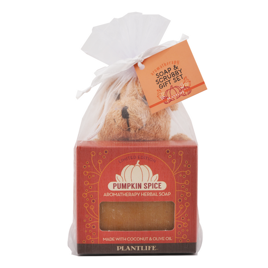 Plantlife Pumpkin Spice Soap and Scrubby Gift Set featuring limited edition aromatherapy herbal soap and bear-shaped scrubby in a white organza bag