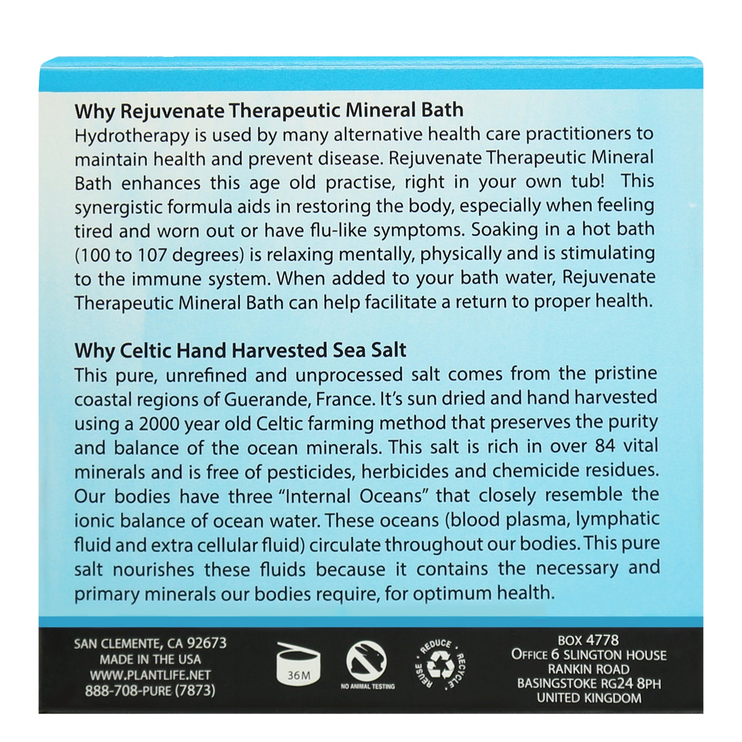 Back label of Plantlife Rejuvenate Therapeutic Mineral Bath detailing benefits of hydrotherapy and Celtic hand-harvested sea salt