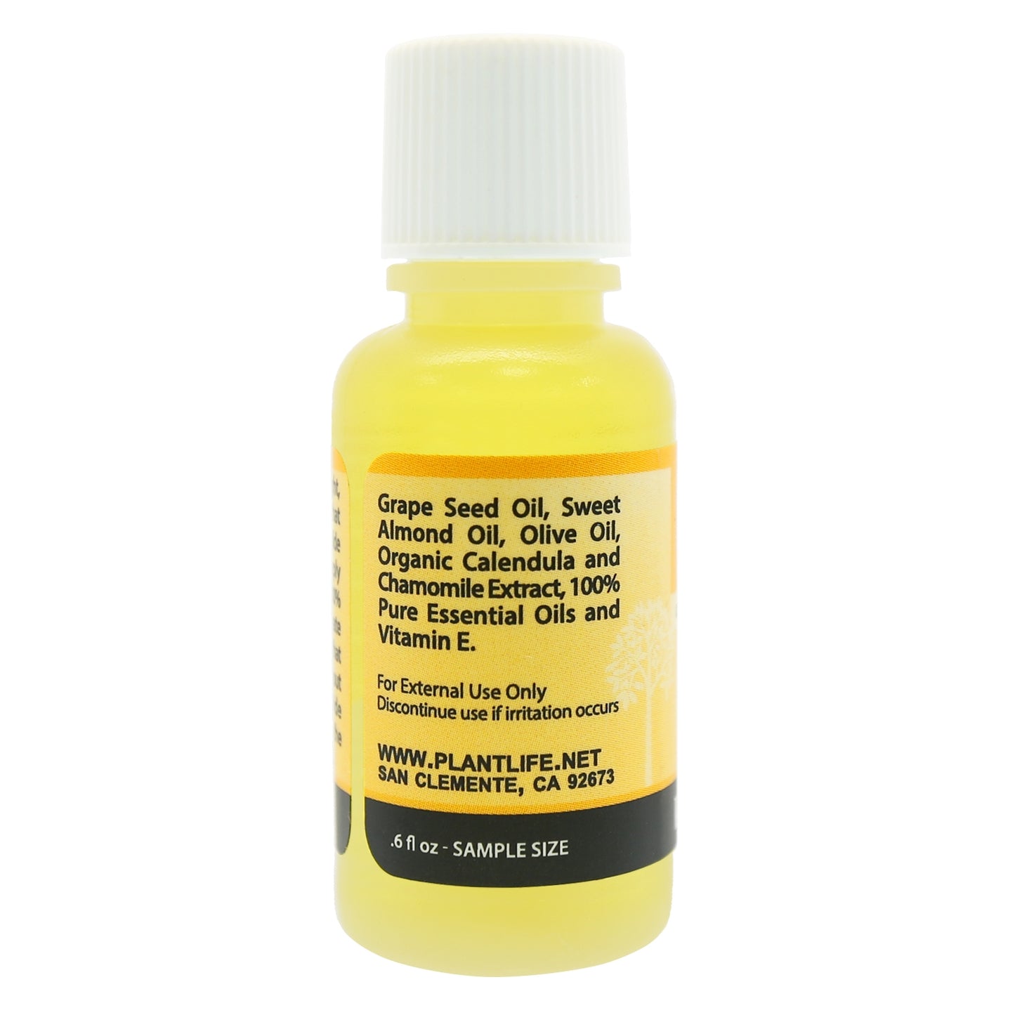 Back of Plantlife Relax travel size massage oil showing full ingredient list and product label details.