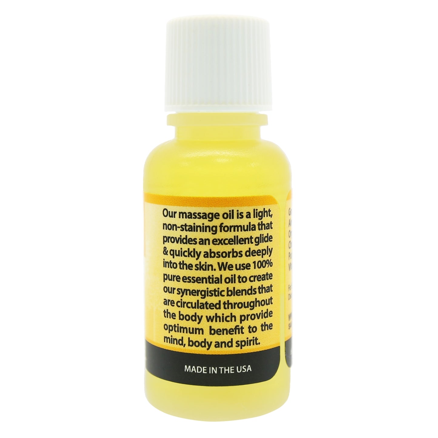 Back of Plantlife Relax travel size massage oil showing product description and calming aromatherapy benefits.