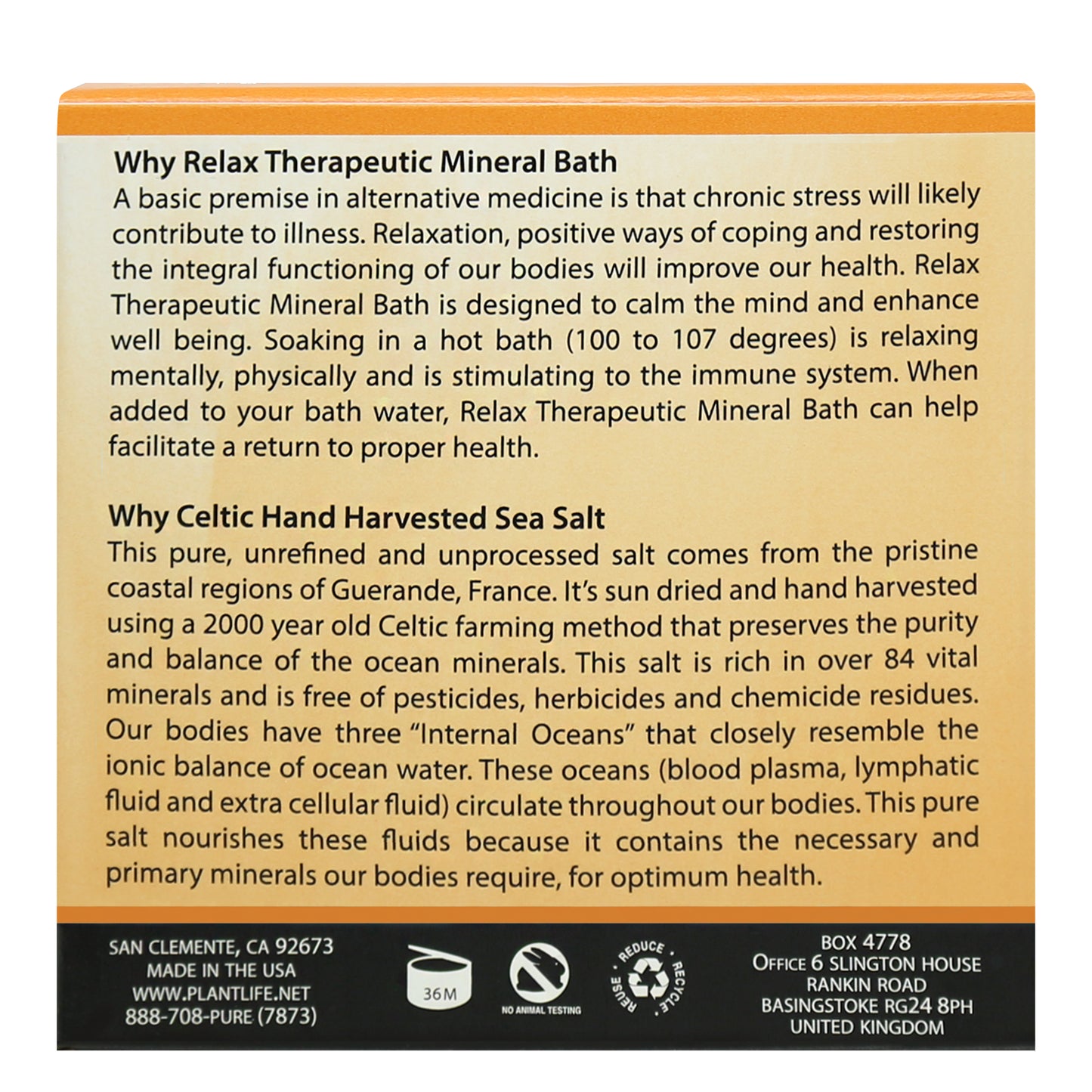 Back label of Plantlife Relax Therapeutic Mineral Bath explaining stress-reducing benefits and use of unrefined Celtic sea salt from France