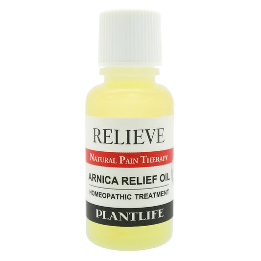 Front view of Plantlife Relieve Arnica Relief Oil bottle, labeled as natural pain therapy and homeopathic treatment for muscle and joint discomfort