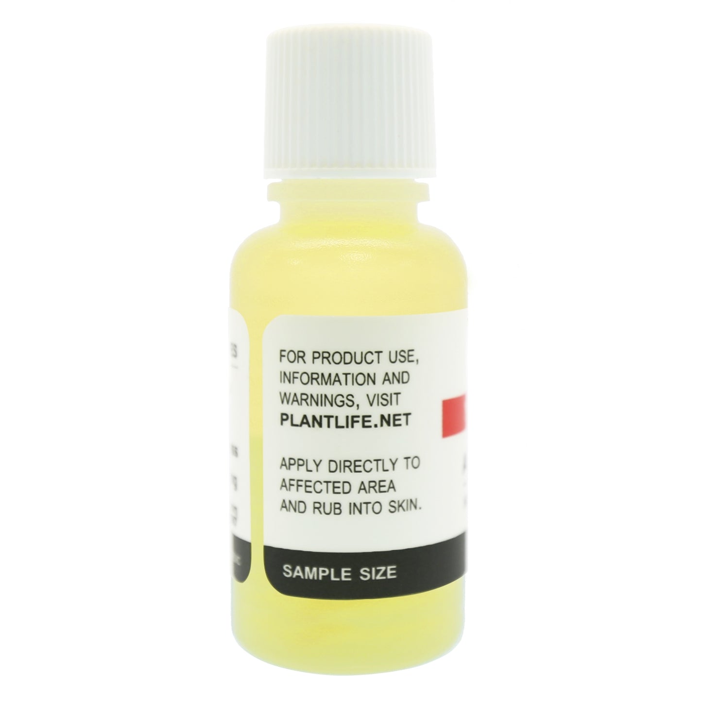 Back label of Plantlife Arnica Relief Oil sample size bottle showing usage instructions to apply directly to the affected area and rub into skin; includes website for additional product information.