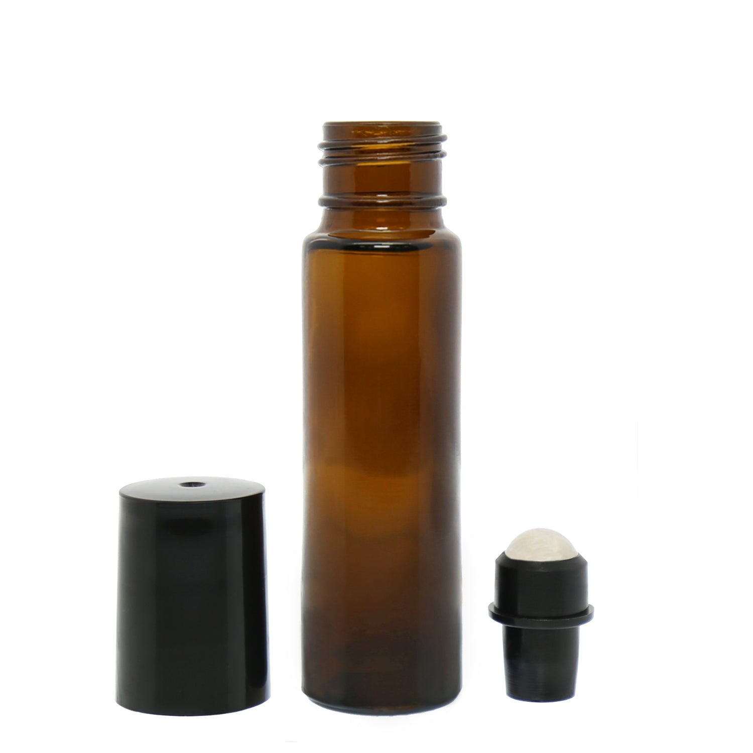 Empty amber glass roll-on bottle shown with detached black cap and separate rollerball insert, ideal for custom essential oil blends or aromatherapy use.