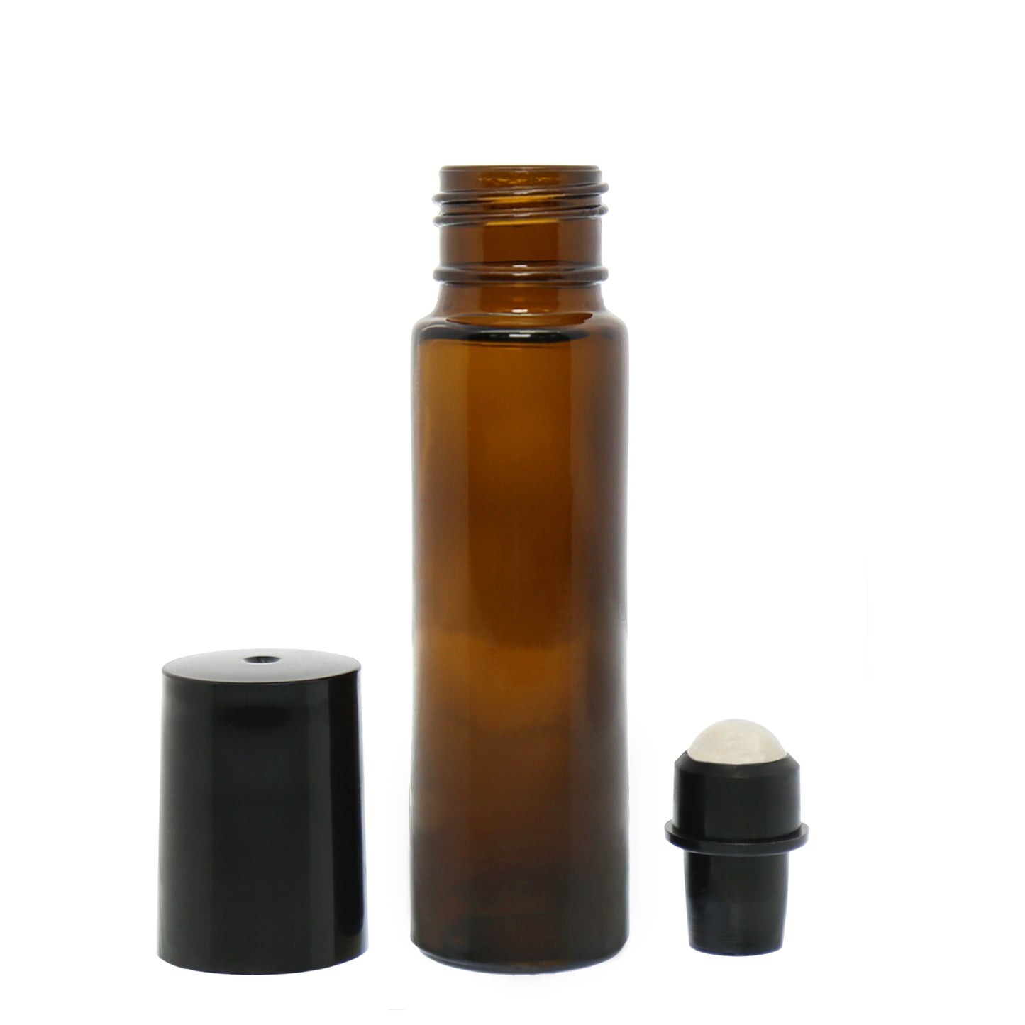 Empty amber glass roll-on bottle shown with detached black cap and separate rollerball insert, ideal for custom essential oil blends or aromatherapy use.