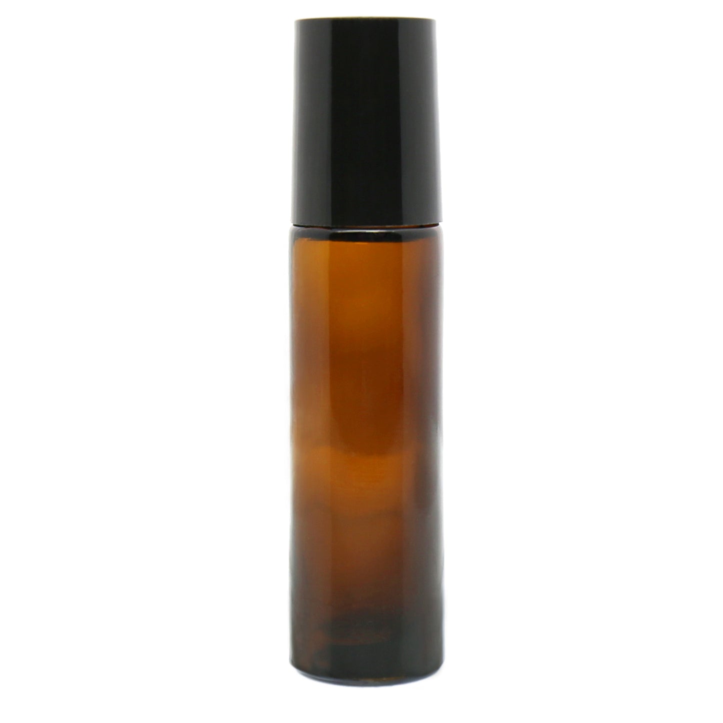 Empty amber glass roll-on bottle with black cap, ideal for essential oil blends, perfumes, or aromatherapy use.