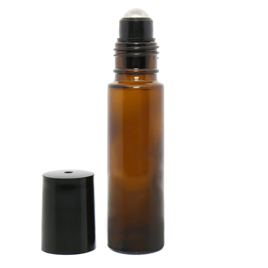 Empty amber glass roll-on bottle with stainless steel rollerball and black cap shown removed, ideal for essential oil blends and aromatherapy applications.
