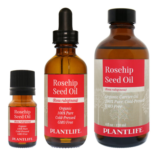 Plantlife Rosehip Seed Oil in amber glass bottle with dropper