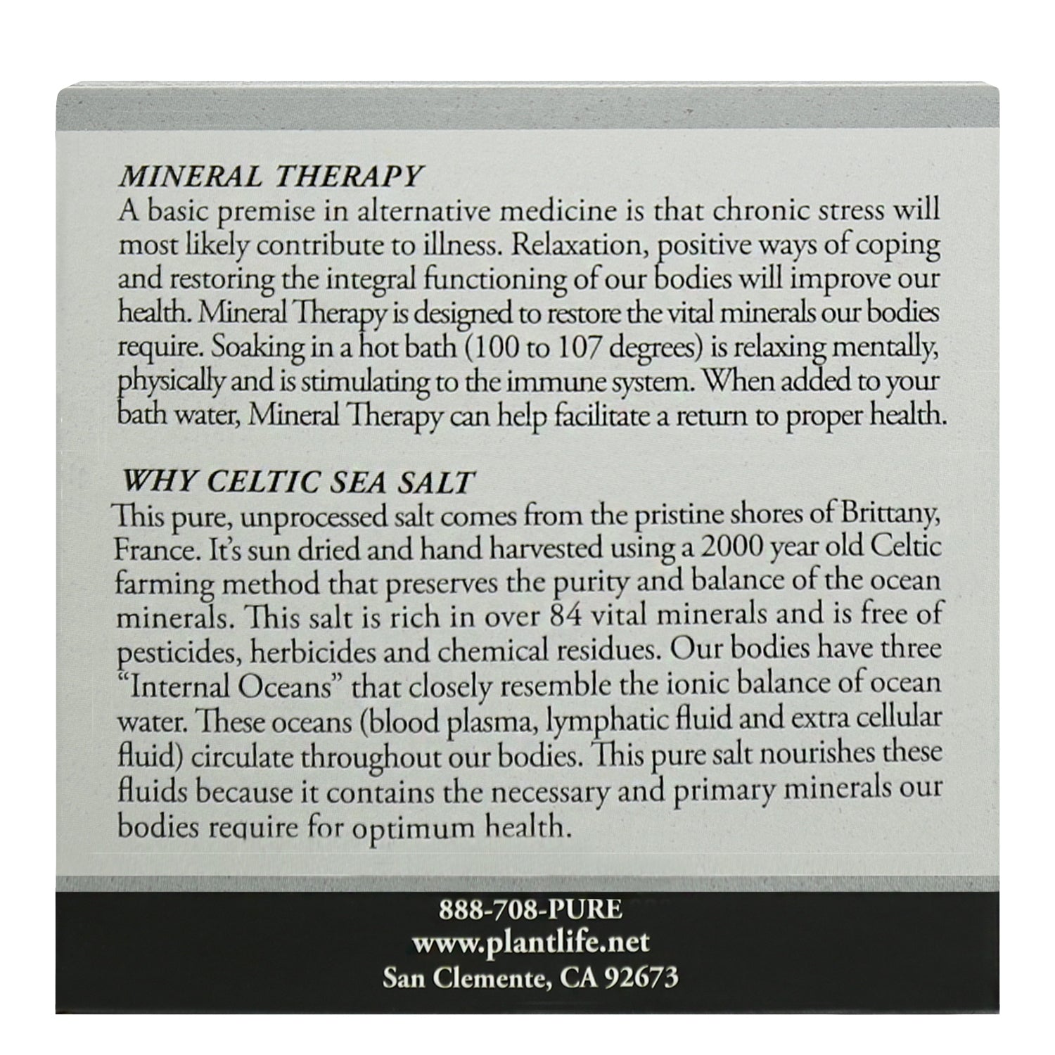 Side panel of Plantlife Scent Free Therapeutic Mineral Bath 16oz box displaying directions, ingredients, and usage suggestions for multiple baths.