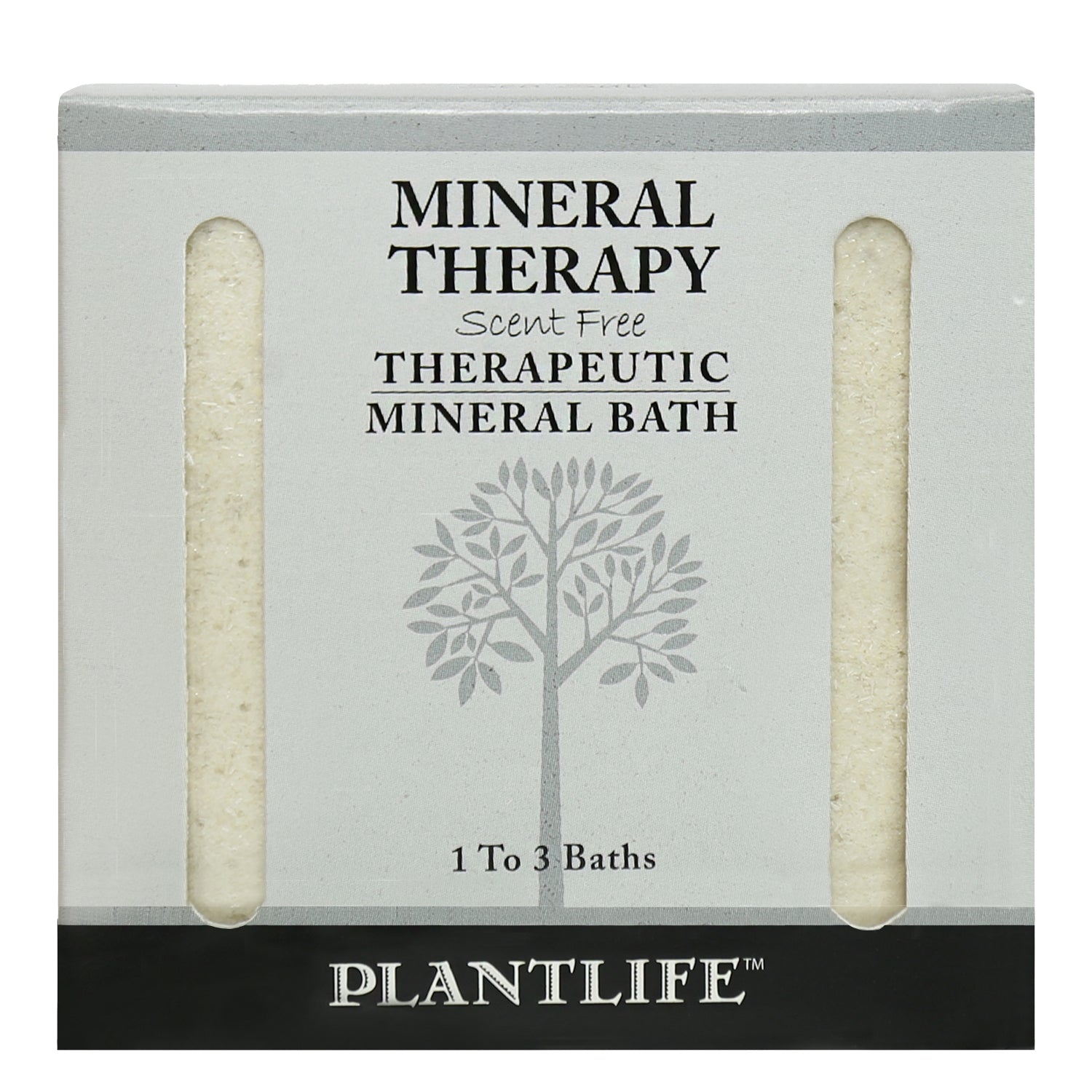 Front of Plantlife Mineral Therapy Scent Free Therapeutic Mineral Bath 16oz box featuring clear window panels showing the salt, a tree design, and the text "1 to 3 Baths".