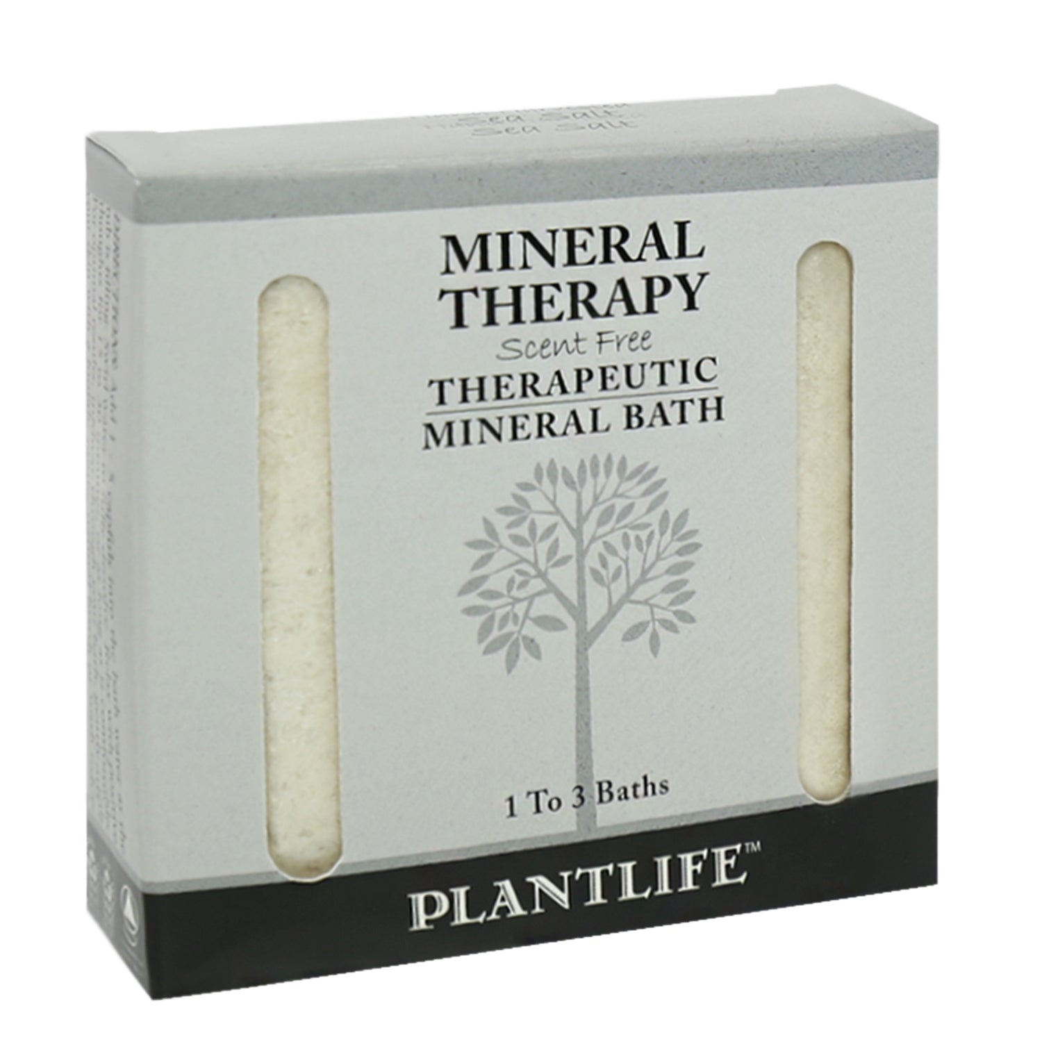 Angled front view of Plantlife Scent Free Mineral Therapy Therapeutic Mineral Bath Salt 3oz box, featuring transparent side panels and a gray tree graphic.