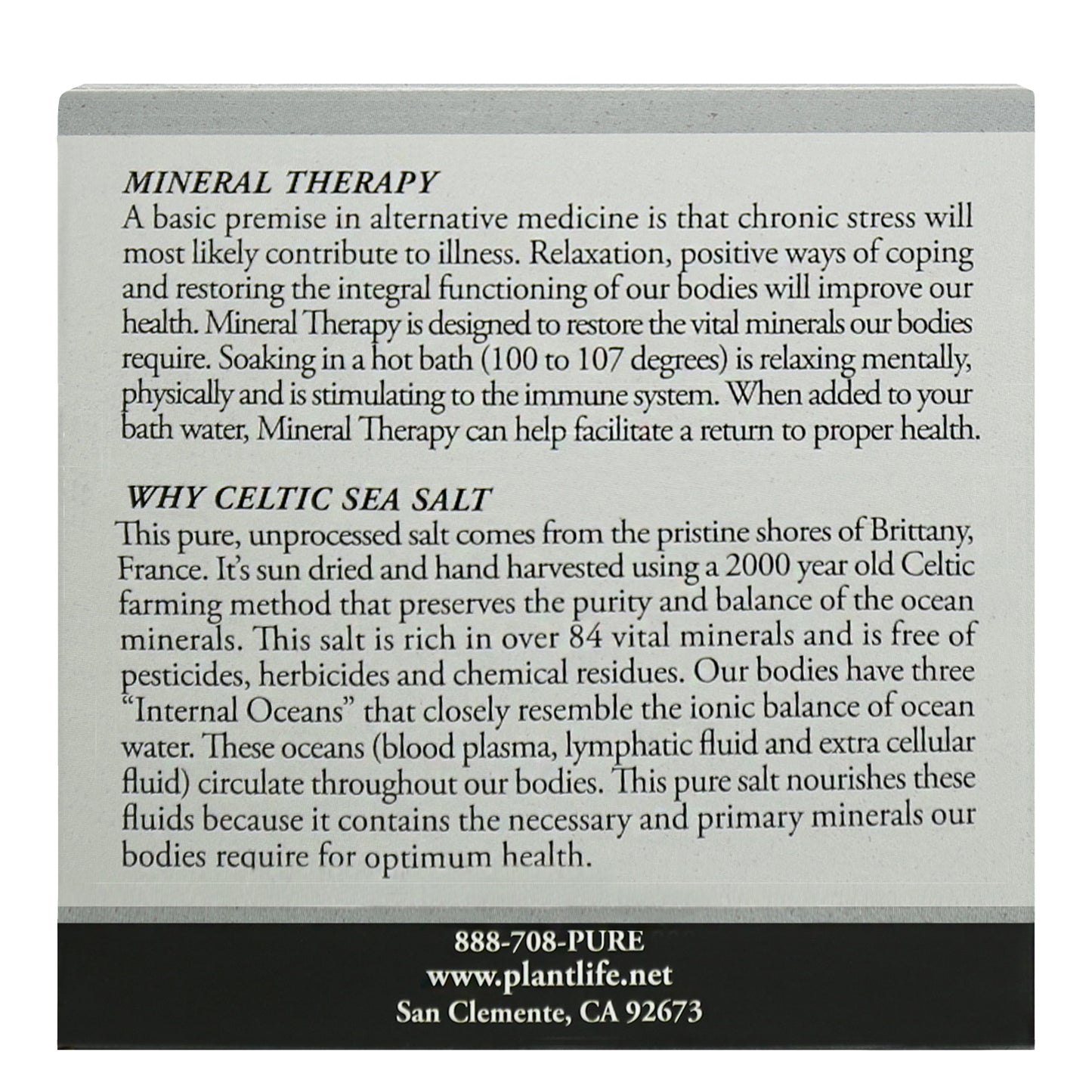 Back label of Plantlife Mineral Therapy Bath Salt describing stress-relief benefits and unprocessed Celtic sea salt from Brittany, France