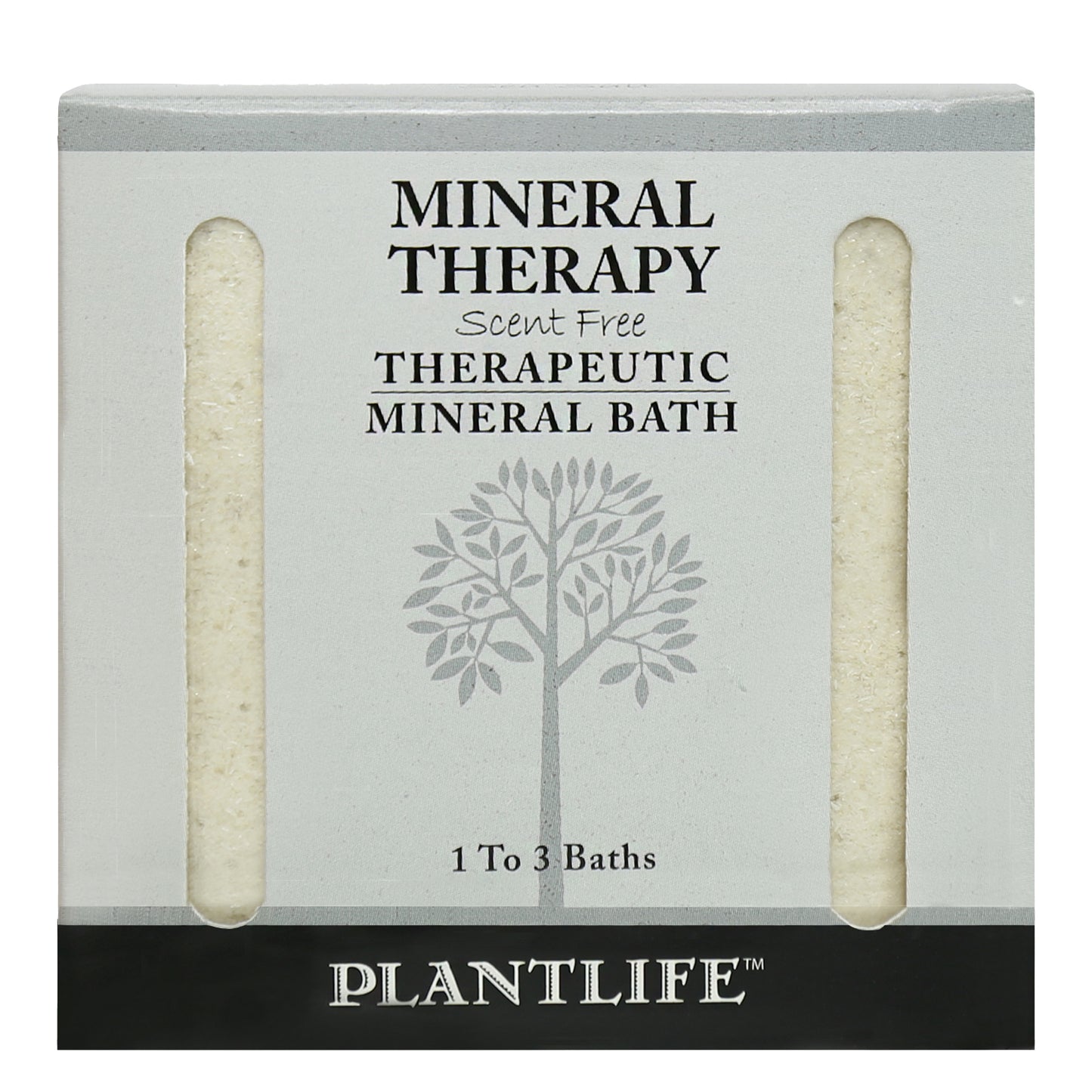 Plantlife Scent Free Mineral Therapy Bath Salt front label showing unscented therapeutic mineral blend for sensitive skin and wellness