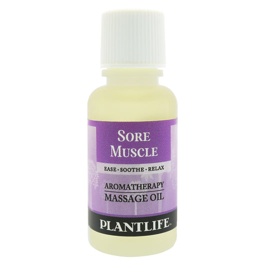 Travel size Sore Muscle massage oil by Plantlife – plant-based formula to ease tension, aches, and fatigue.