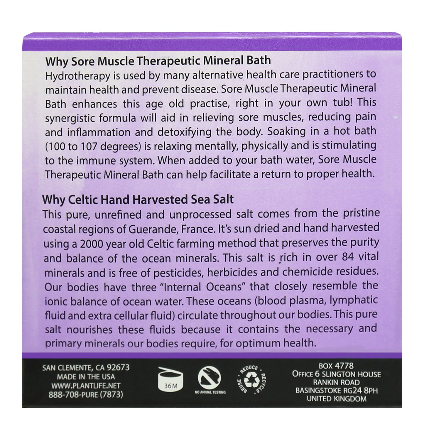 Back of Plantlife Sore Muscle Mineral Bath packaging with product benefits and description of Celtic hand-harvested sea salt