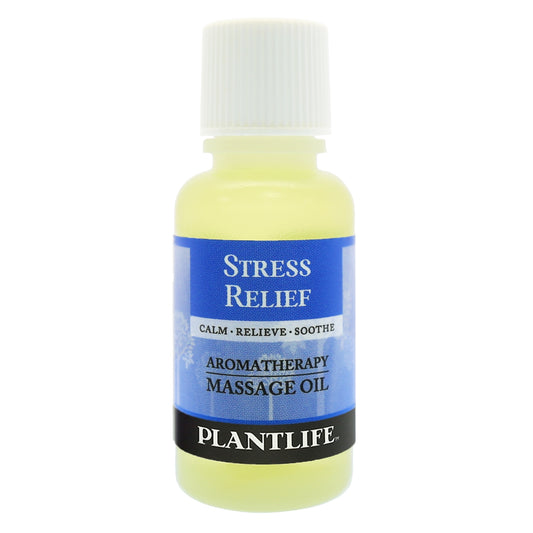 Travel size Stress Relief massage oil by Plantlife – calming plant-based formula to ease tension and relax the mind.