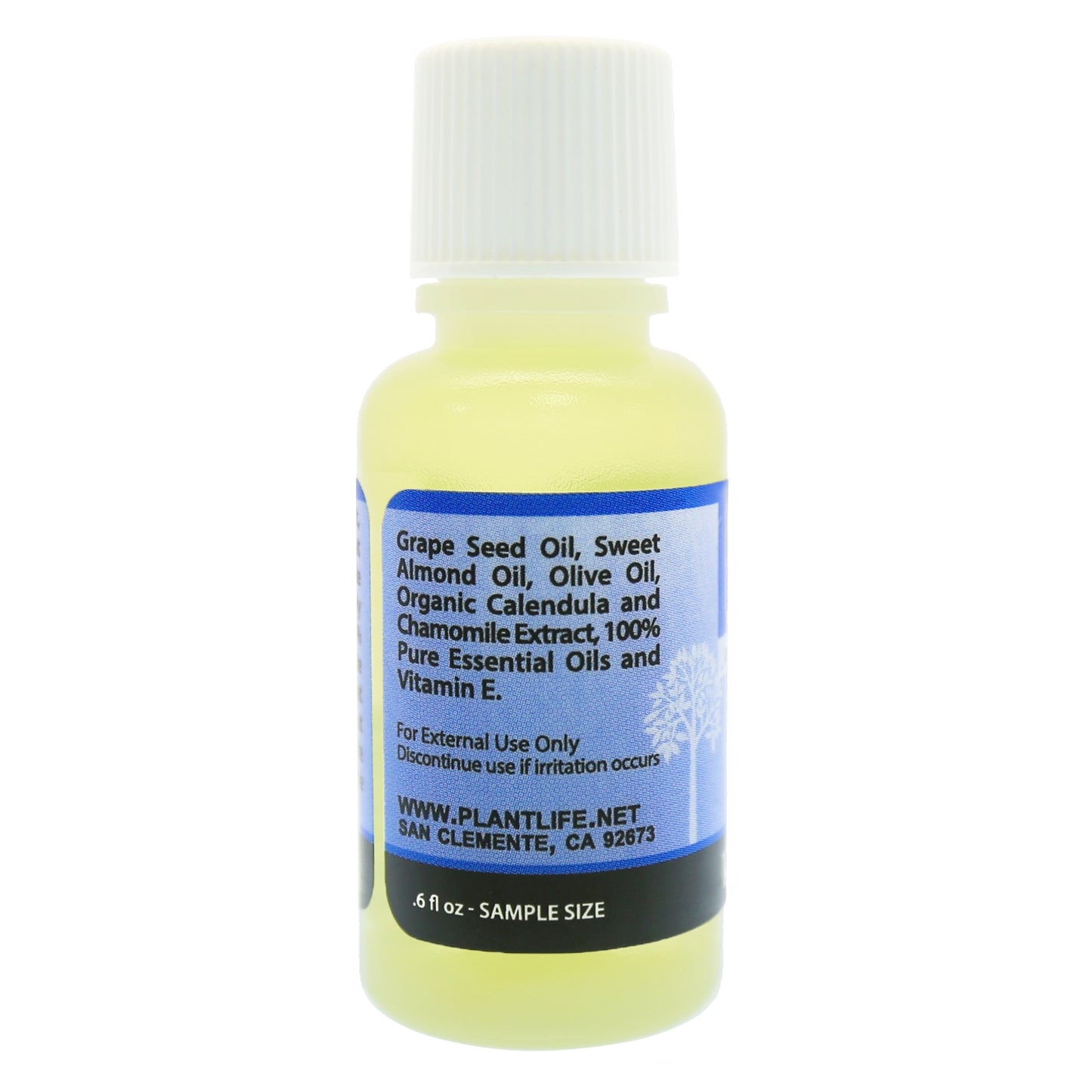 Back of Plantlife Stress Relief travel size massage oil showing full ingredient list and label information