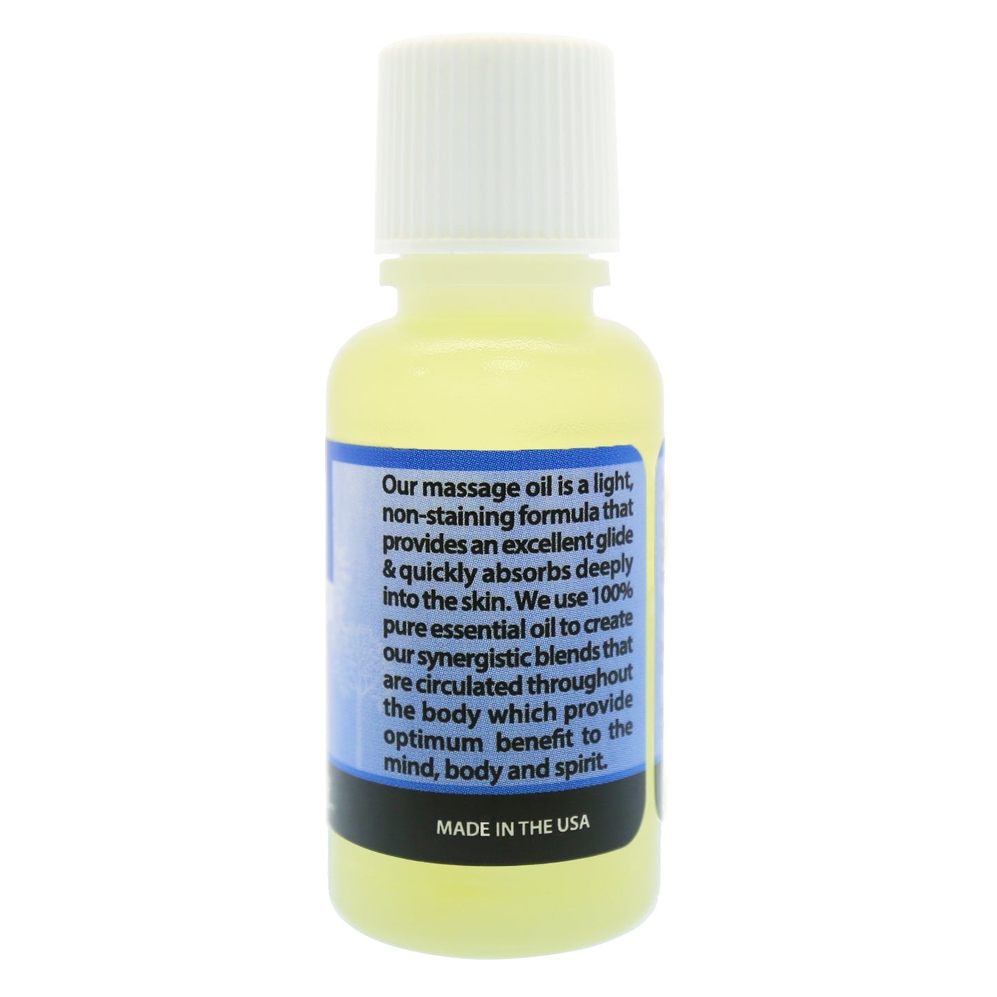 Back of Plantlife Stress Relief travel size massage oil showing product description and calming aromatherapy benefits.