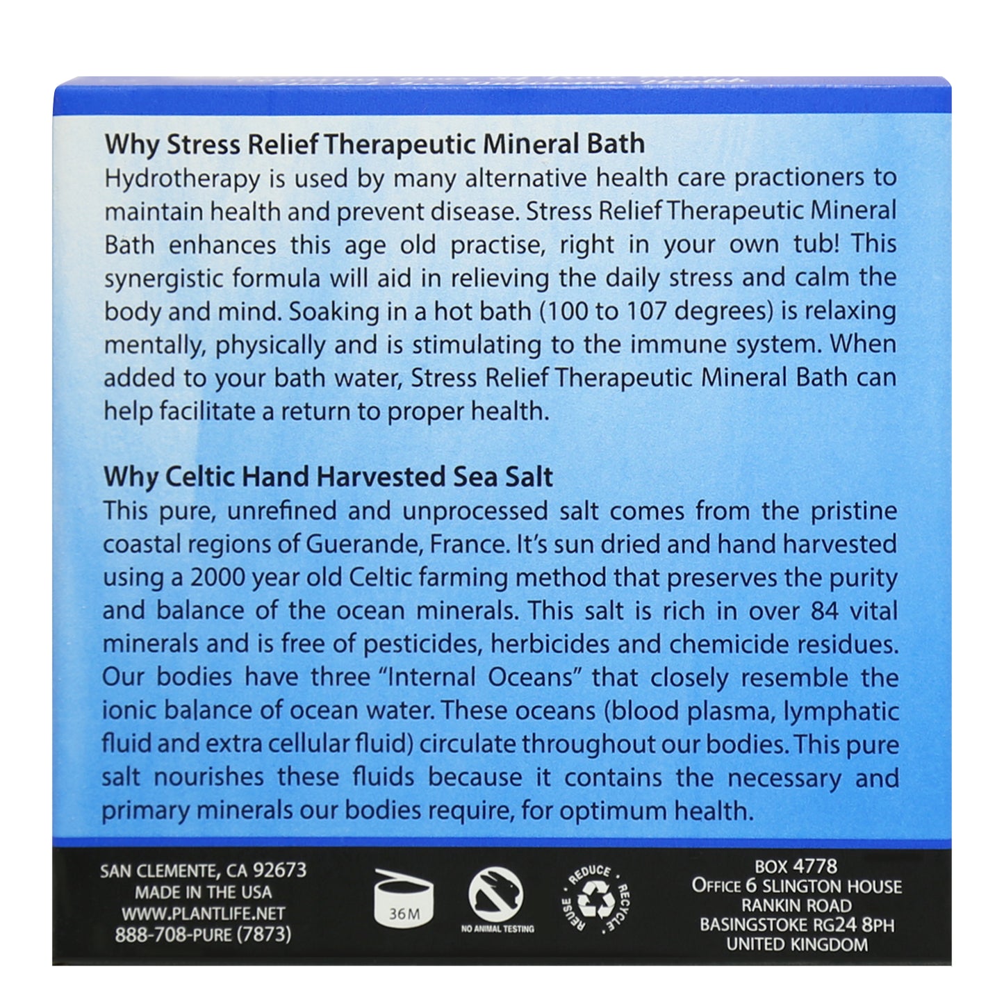 Back of Plantlife Stress Relief Mineral Bath packaging with benefits of hydrotherapy and Celtic sea salt for relaxation and immune support
