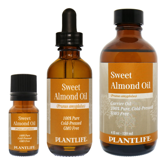 100% pure sweet almond oil in labeled Plantlife packaging