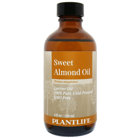 100% pure sweet almond oil in labeled Plantlife packaging