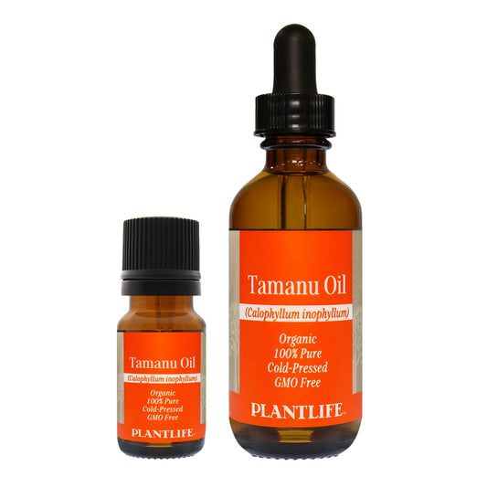 Bottle of cold-pressed tamanu oil with dropper cap
