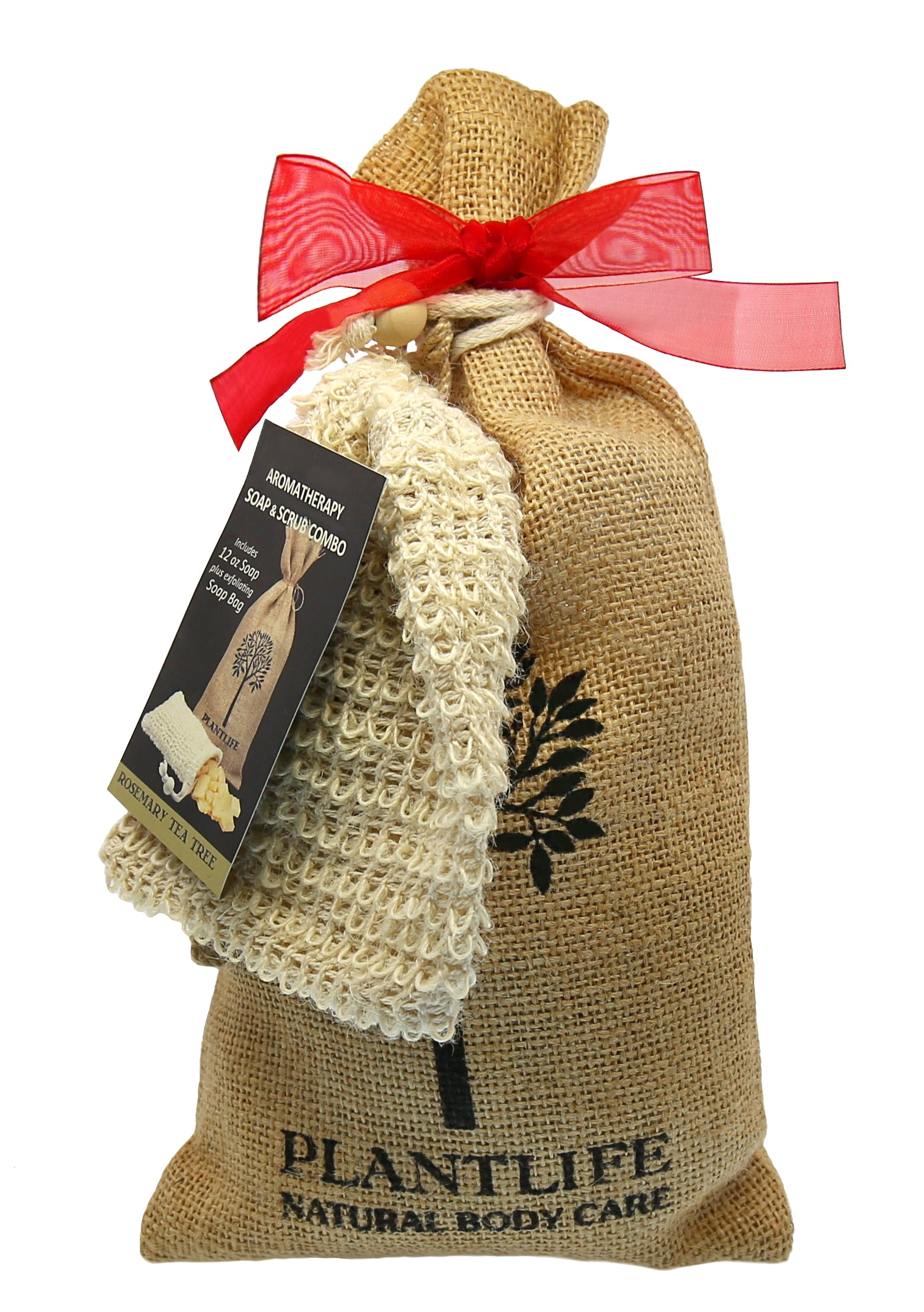 Plantlife Aromatherapy Soap & Scrub Combo includes rosemary tea tree soap and a natural exfoliating scrub in an eco-friendly burlap gift sack.