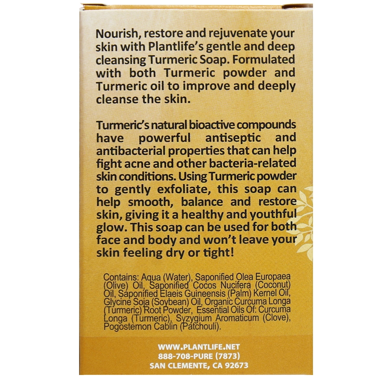 Back of Plantlife Turmeric Herbal Soap with turmeric extract, essential oils, and skin benefits