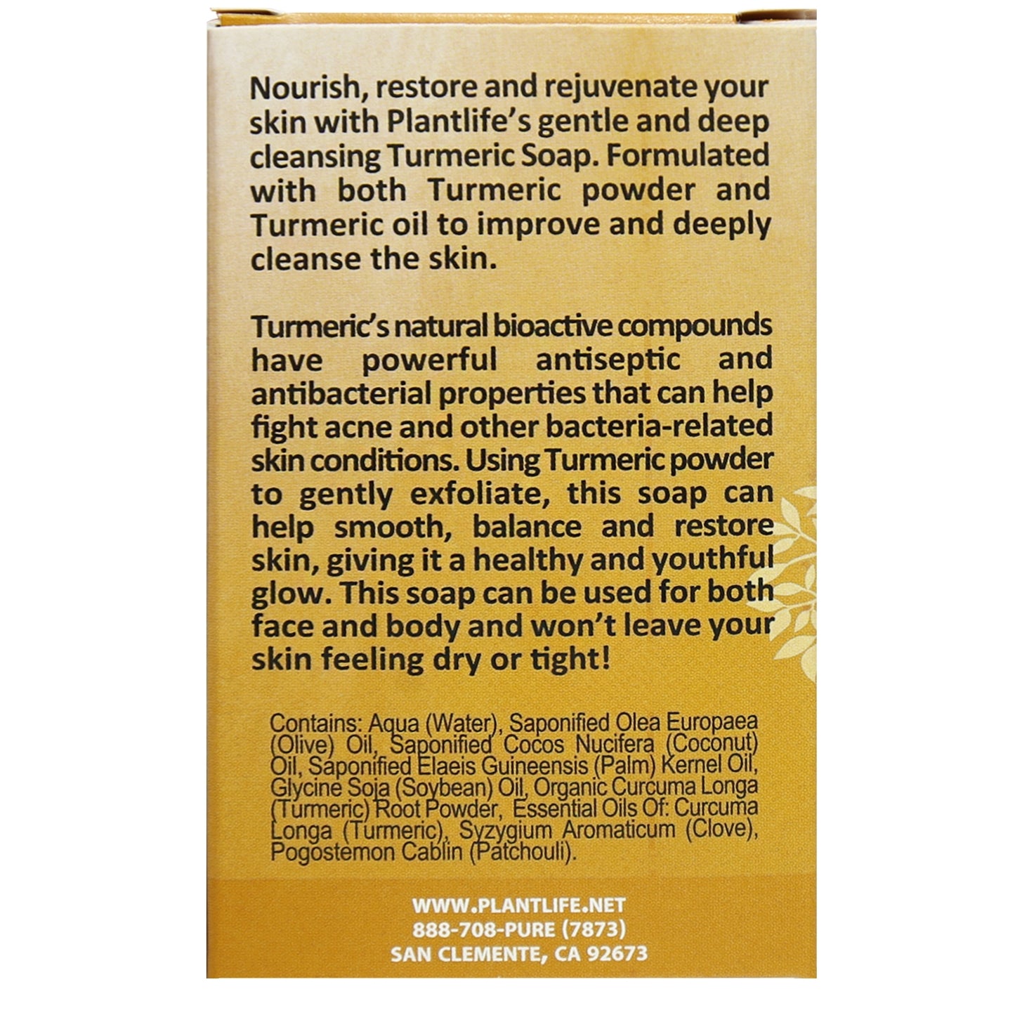 Back of Plantlife Turmeric Herbal Soap with turmeric extract, essential oils, and skin benefits