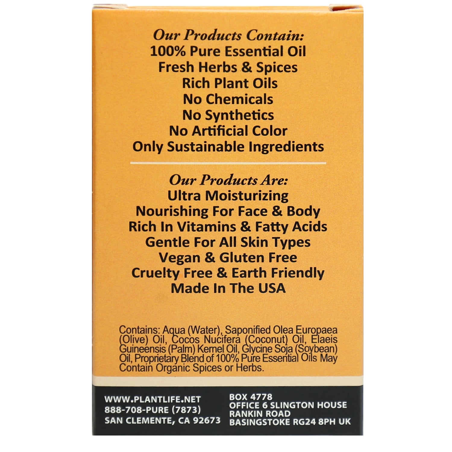 Back label of Plantlife Vanilla Orange Herbal Soap showcasing sweet citrus oils and moisturizing formula