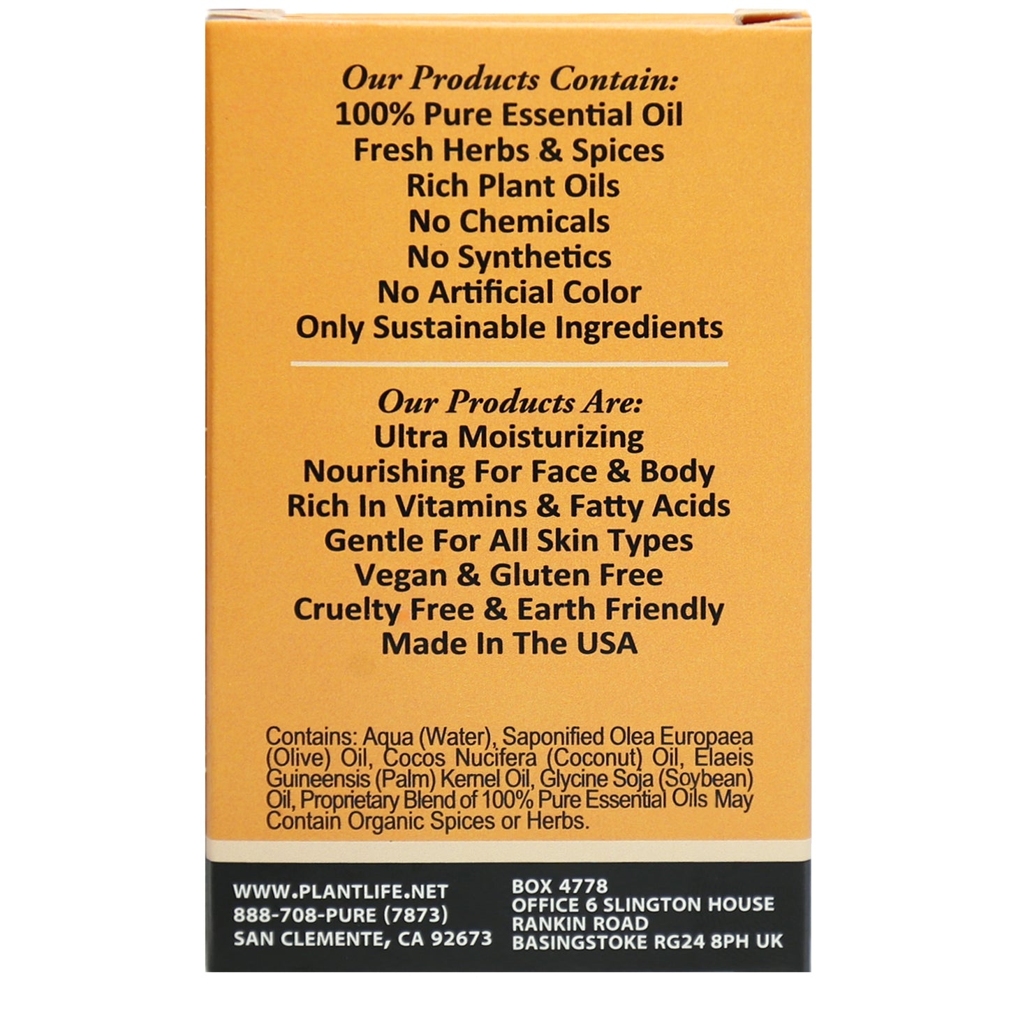 Back label of Plantlife Vanilla Orange Herbal Soap showcasing sweet citrus oils and moisturizing formula