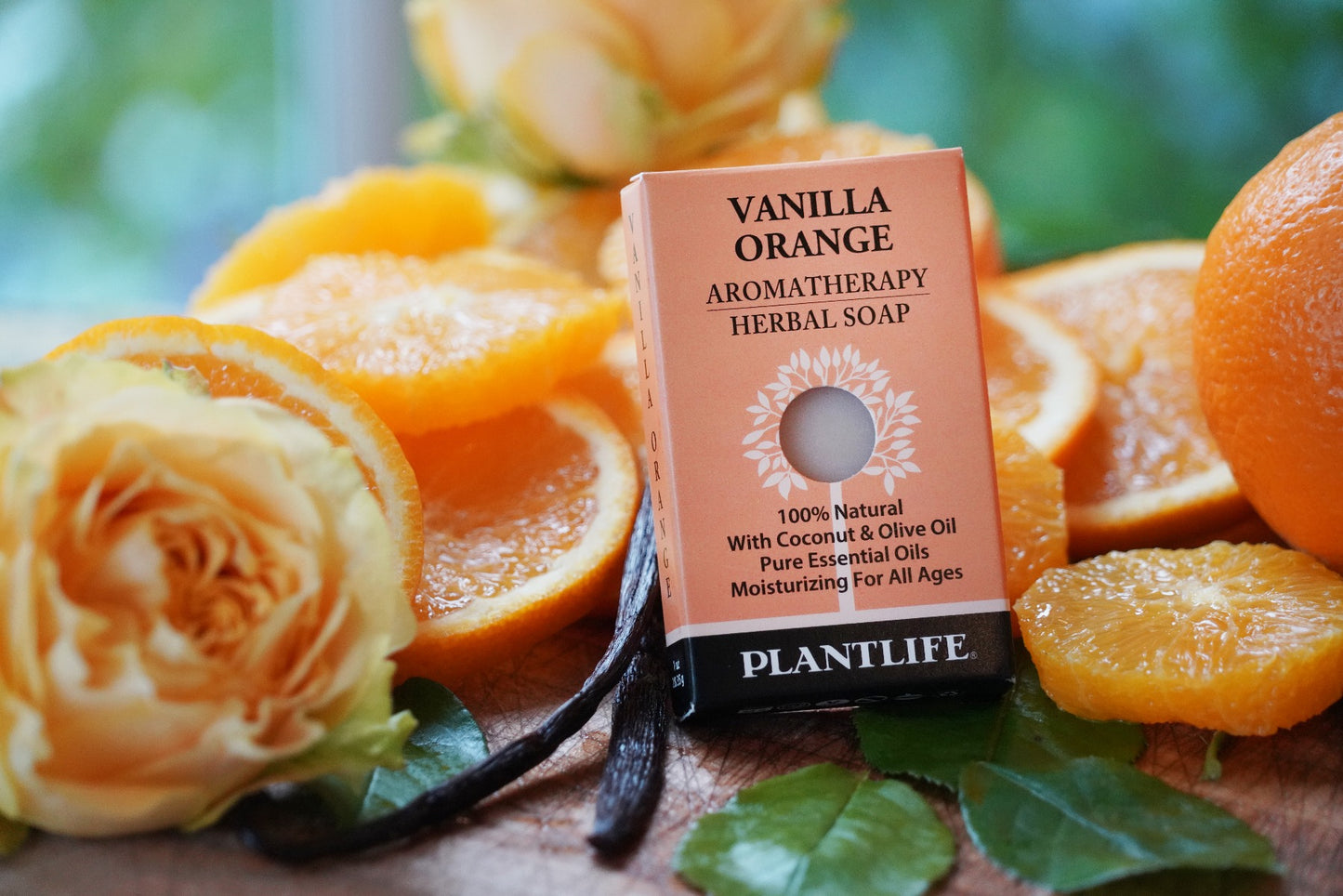 Front of Plantlife Vanilla Orange Bar Soap showing product packaging with sweet vanilla and bright orange essential oils, made with coconut and olive oil