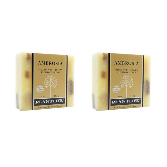 Two bars of Ambrosia Aromatherapy Herbal Soap by Plantlife on a white background