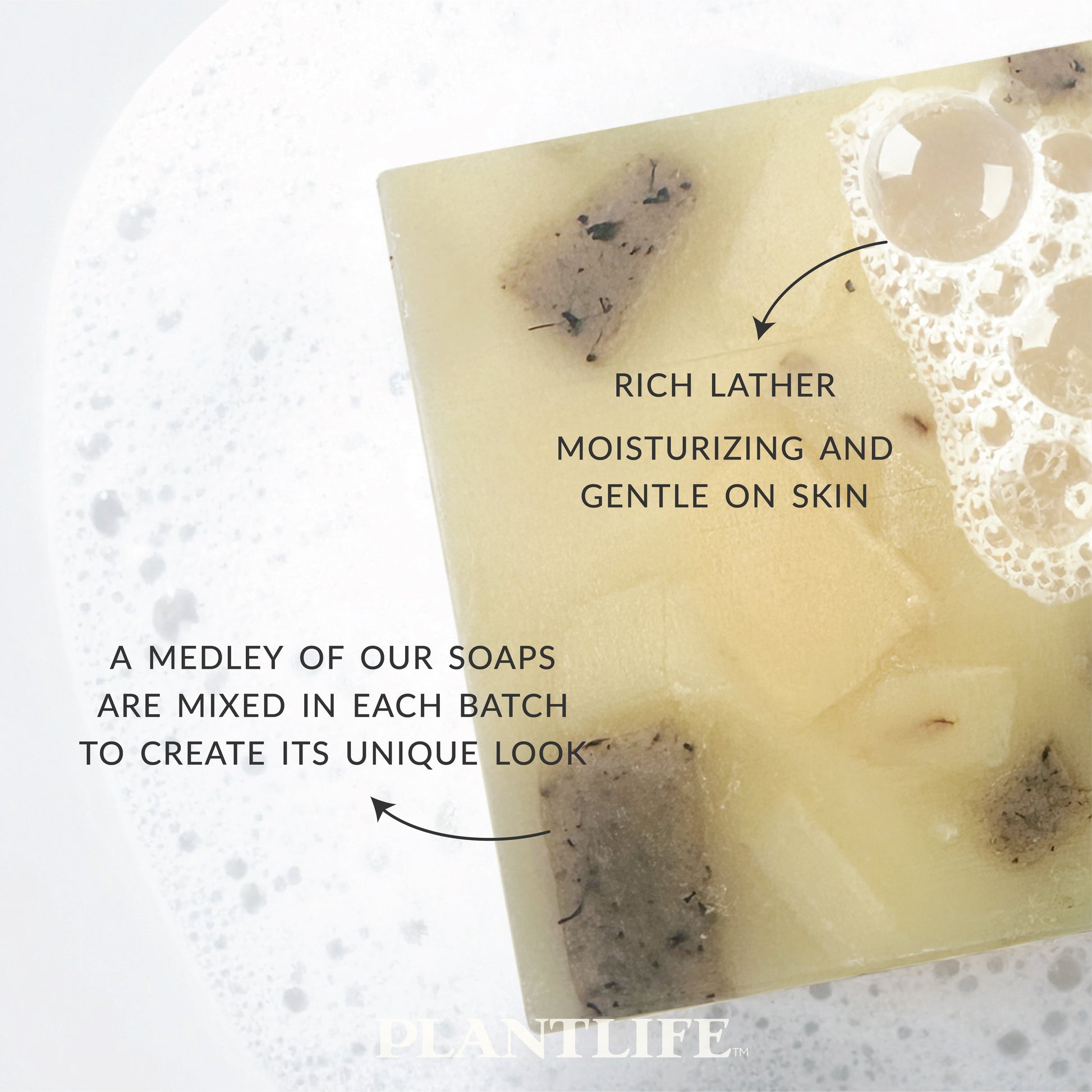 Close-up of a square bar of Plantlife soap resting in bubbly water, showing creamy yellow and brown tones with visible chunks.