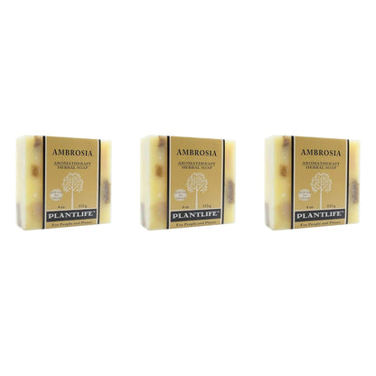Three bars of Ambrosia Plantlife soap on a white background