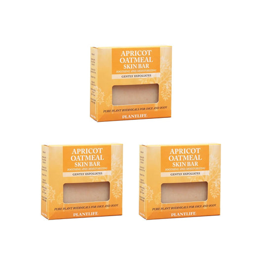Three boxes of Apricot Oatmeal Skin Bar from Plantlife on a white background