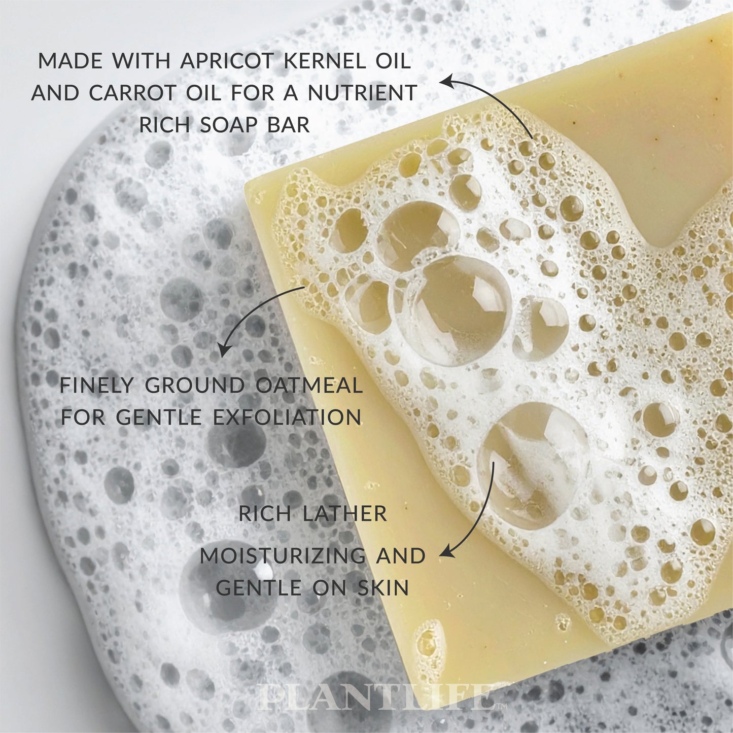 Close-up of a Plantlife soap bar resting in bubbly water, covered with rich foam. Text on the image highlights: “Made with apricot kernel oil and carrot oil for a nutrient-rich soap bar,” “Finely ground oatmeal for gentle exfoliation,” and “Rich lather, moisturizing and gentle on skin.”